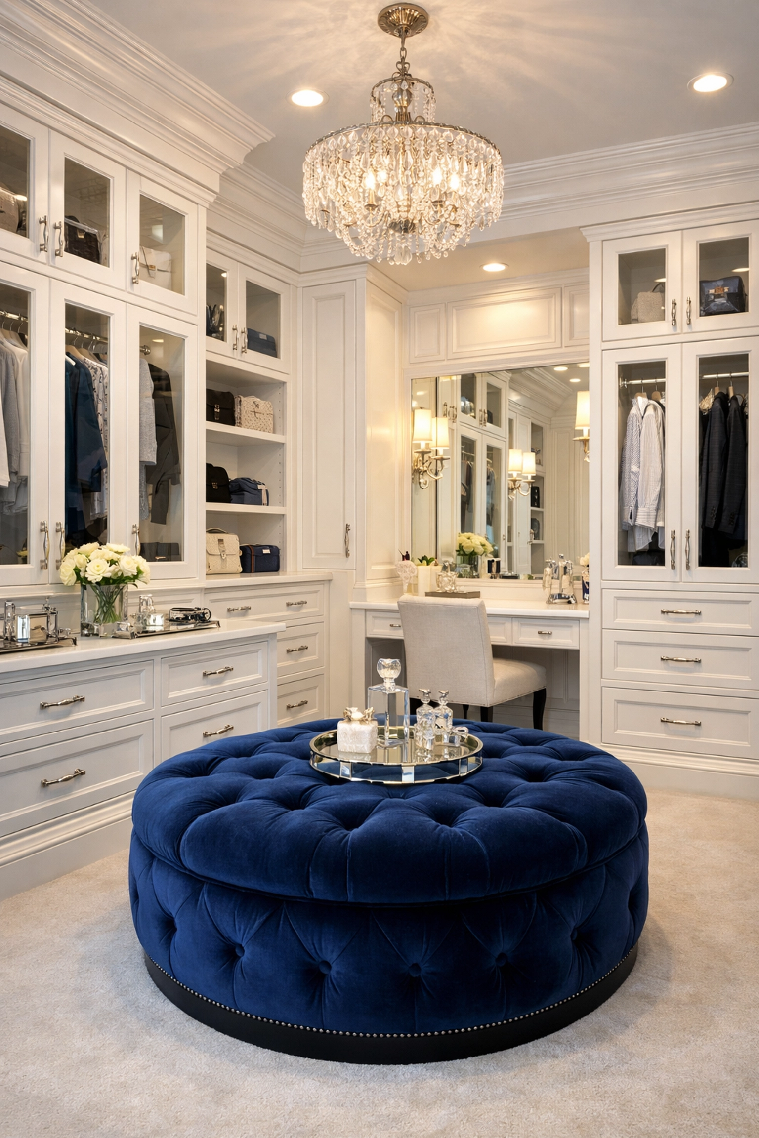 High-end walk-in closet in a Marblehead estate cleaned to professional ninja standards.