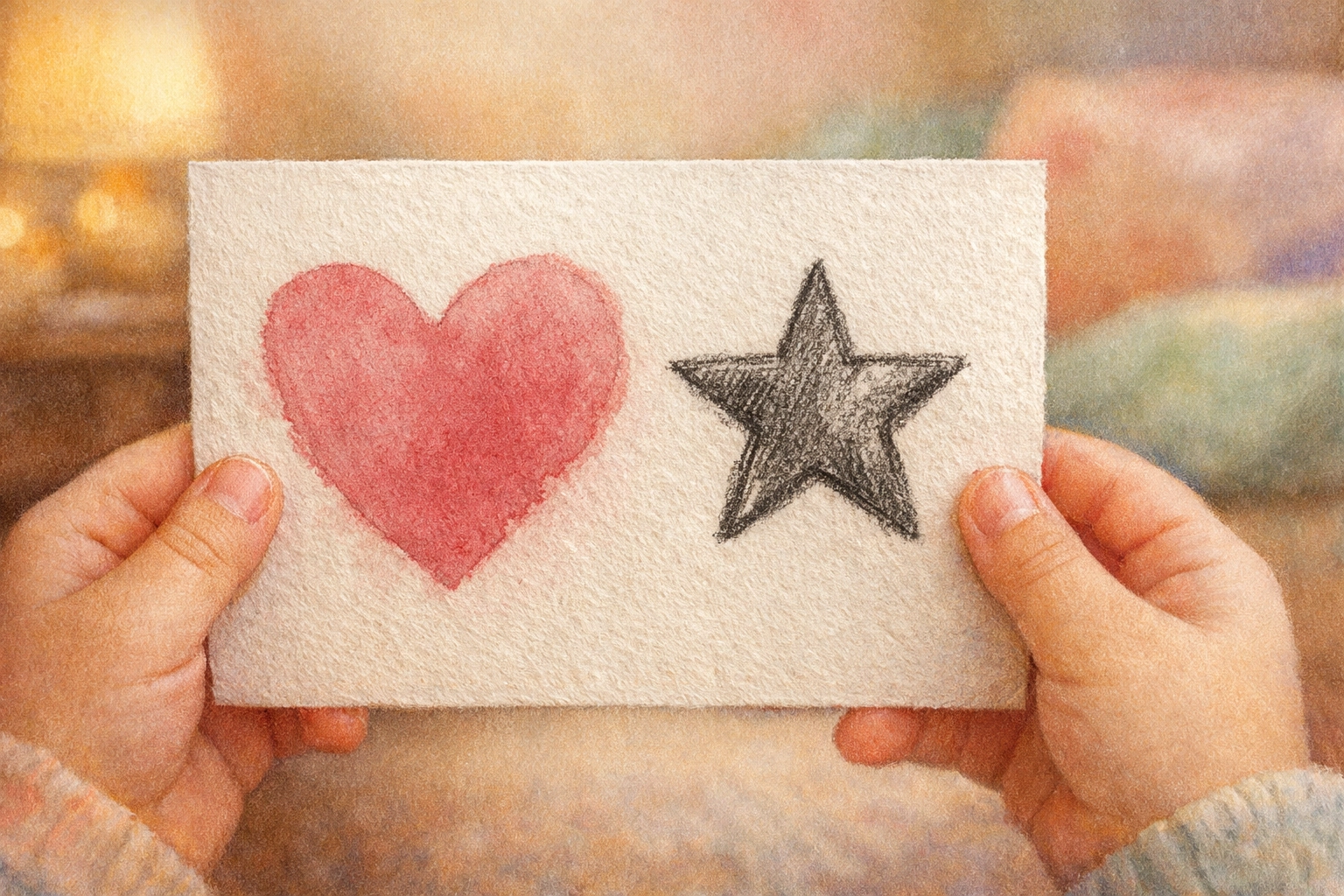 Close-up of a child's hands holding a hand-painted heart card for family Scripture memory and faith building.