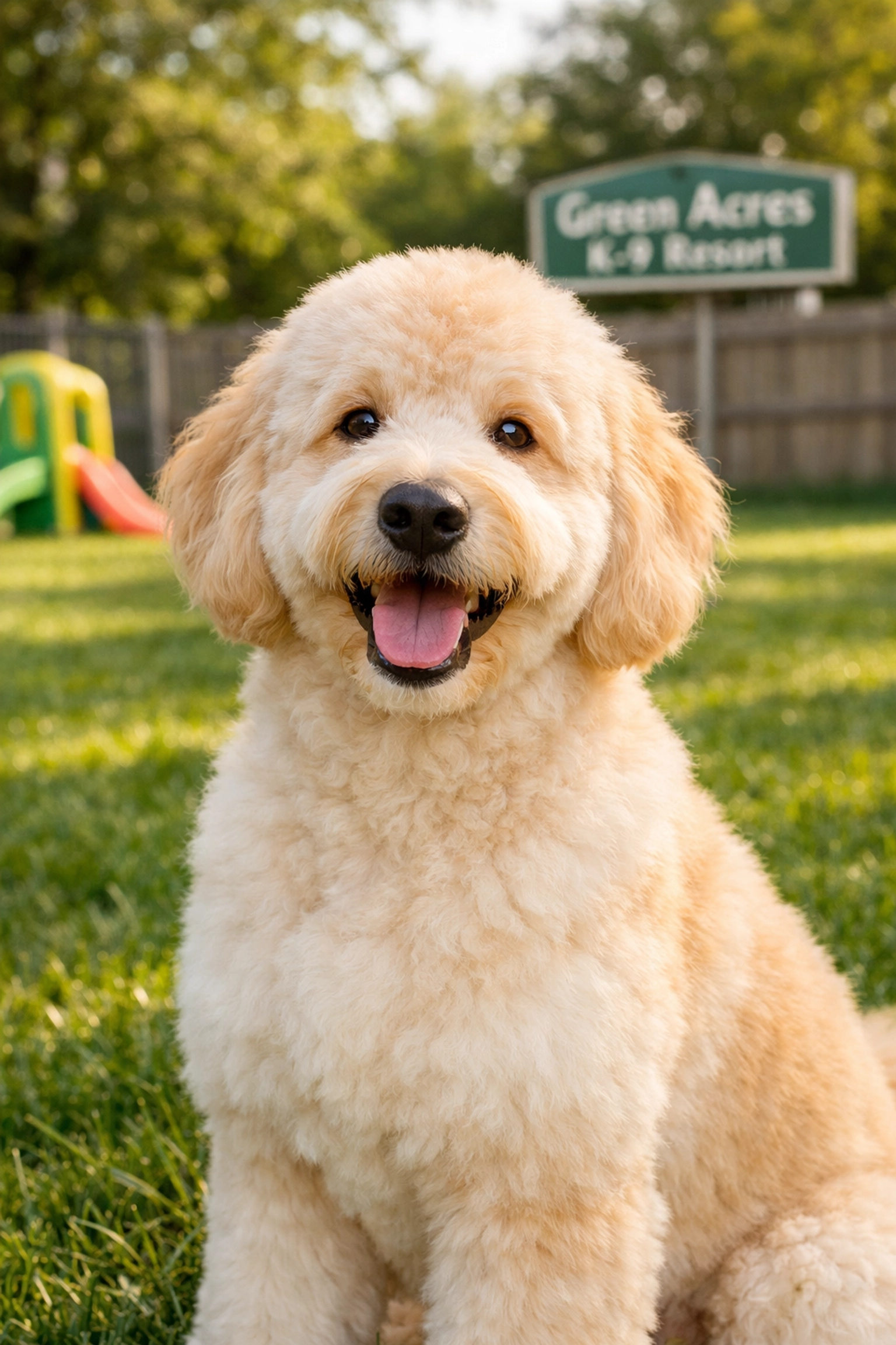 A happy Goldendoodle with a shiny, healthy coat after hypoallergenic grooming at our Portland resort.