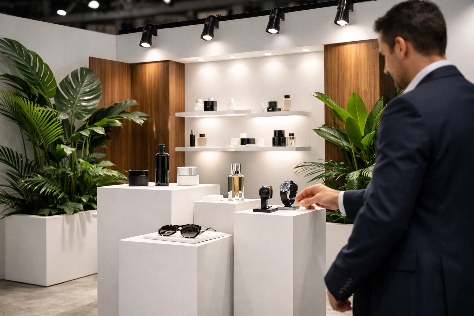 Trade show photographer in Miami documenting a modern brand activation booth and product display.