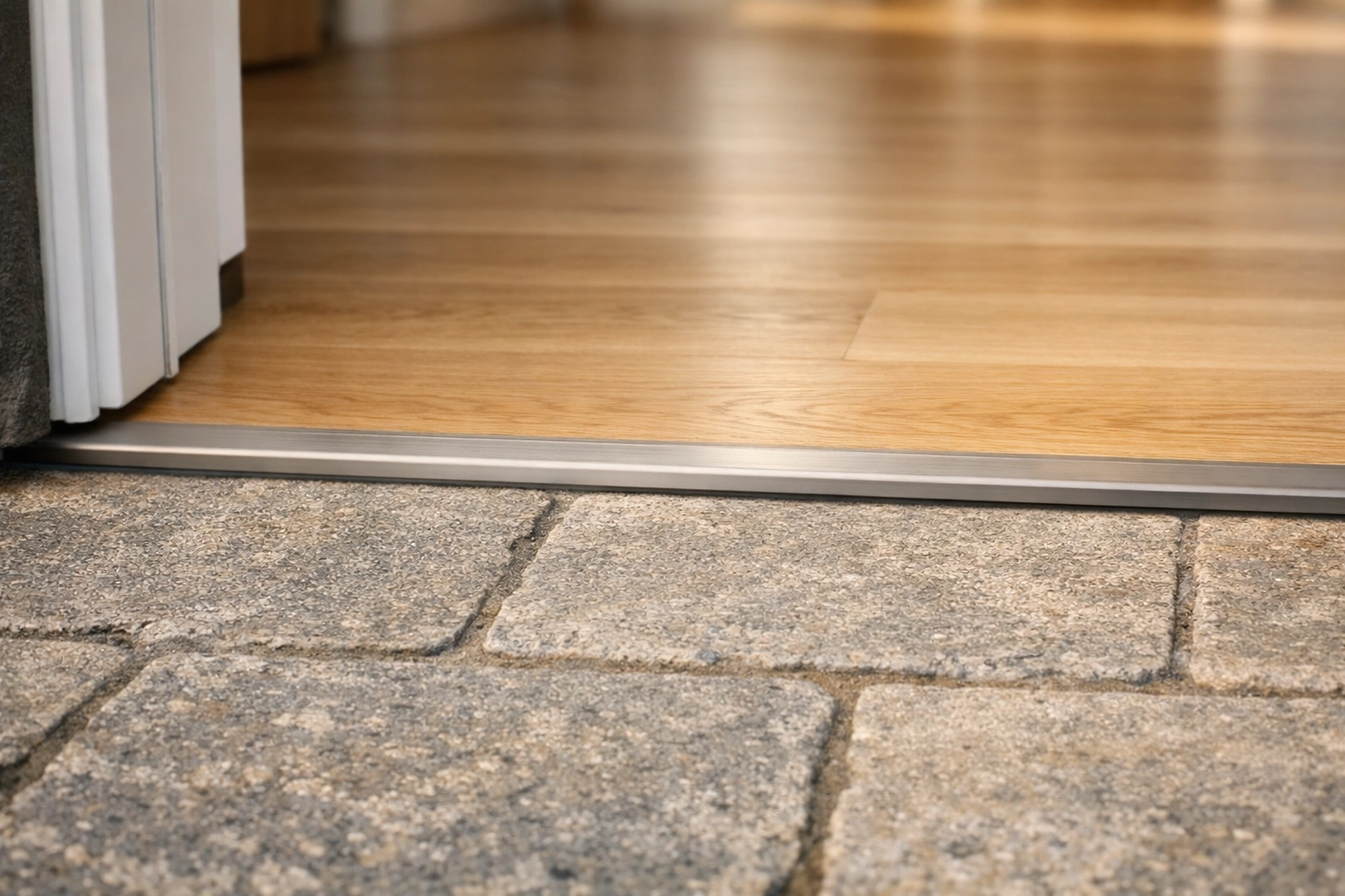 Close-up of a smooth, flush floor threshold transition between a porch and indoor entryway.
