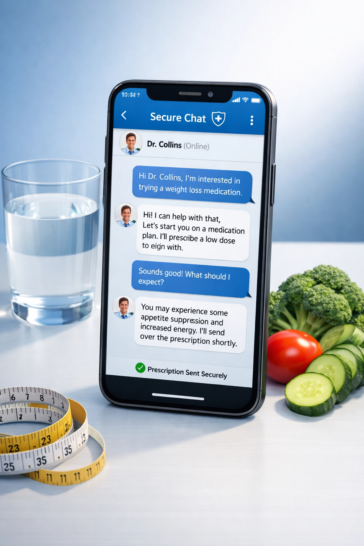 Smartphone showing online weight loss consultation via secure text messaging with doctor