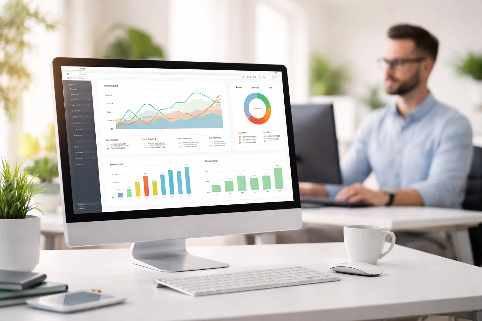 IT technician monitors analytics dashboards for proactive business IT support and security.