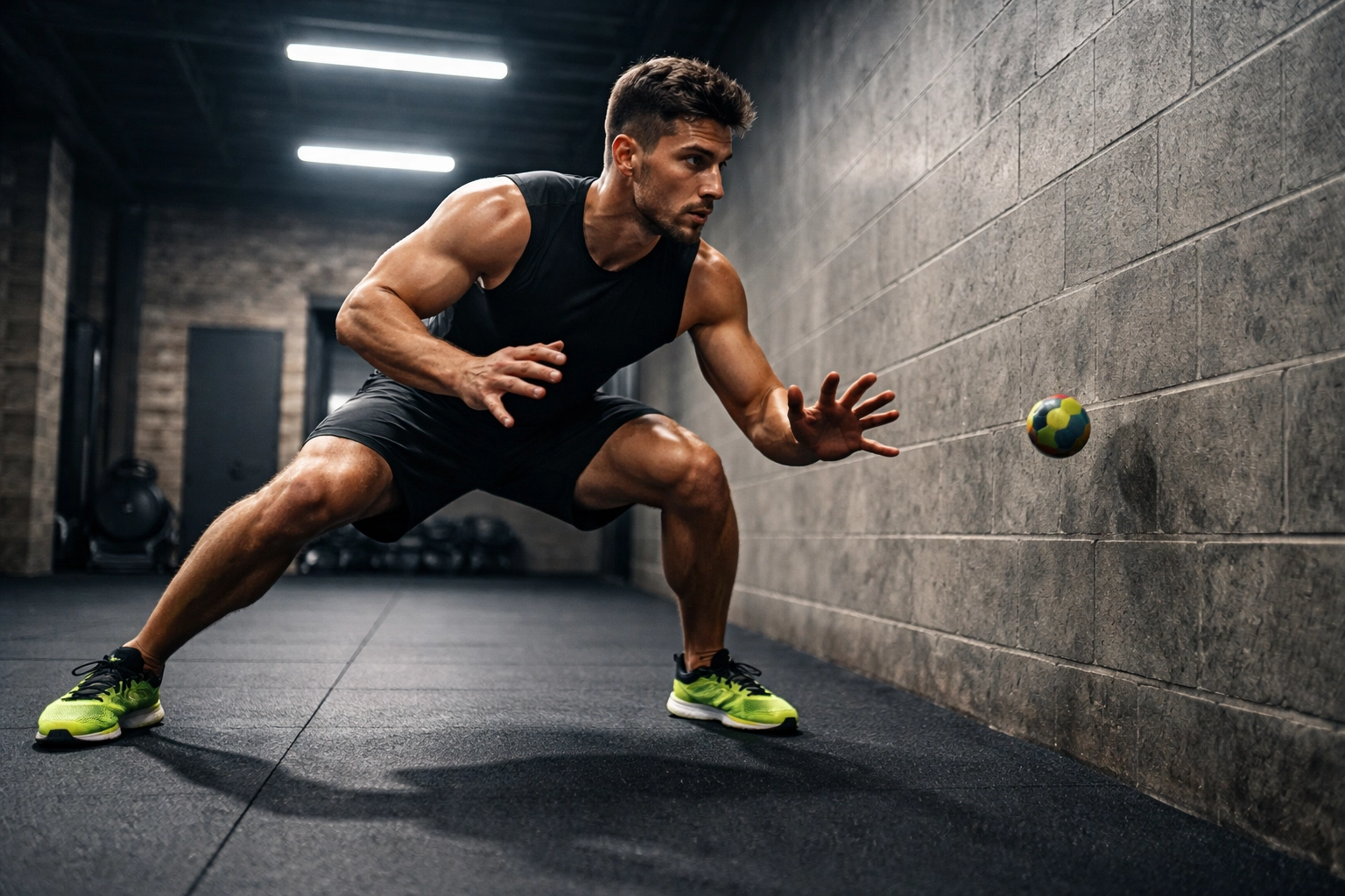 Solo athlete catches a reaction ball against a gym wall, showcasing wall throw agility drill.
