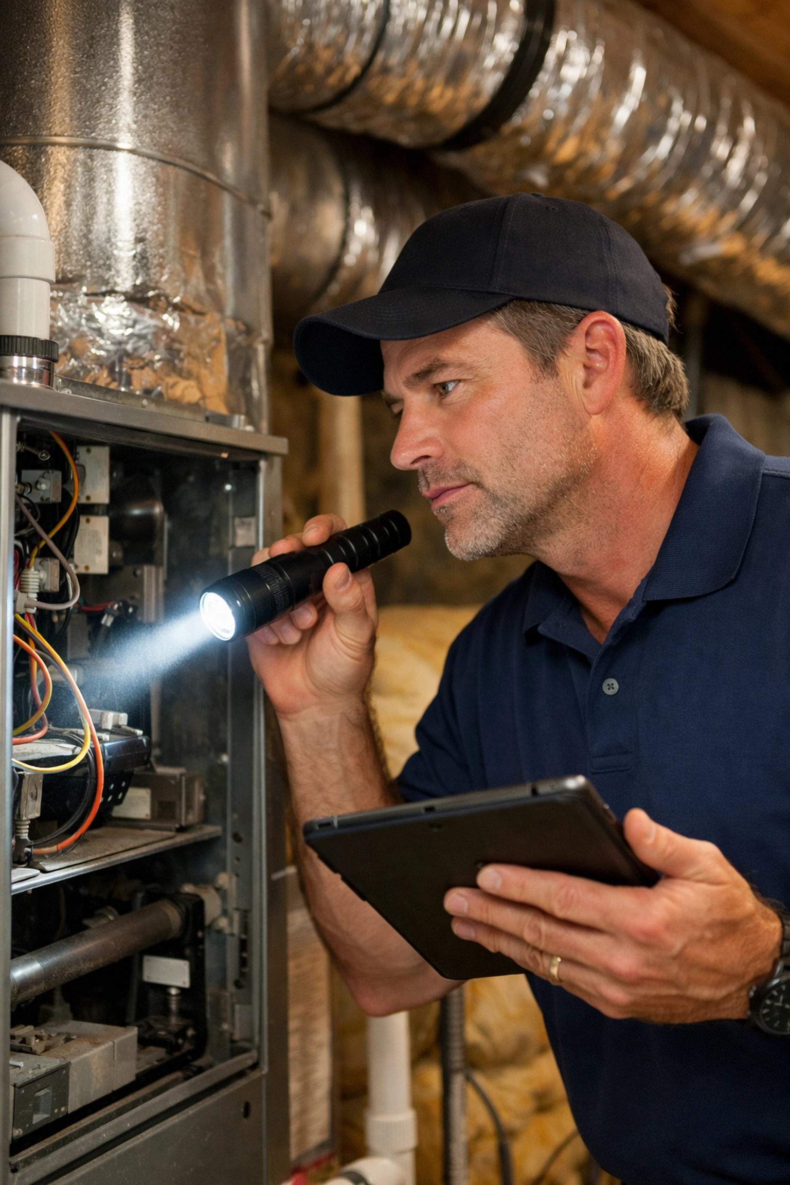 Professional home inspector examining HVAC system during FSBO home inspection process