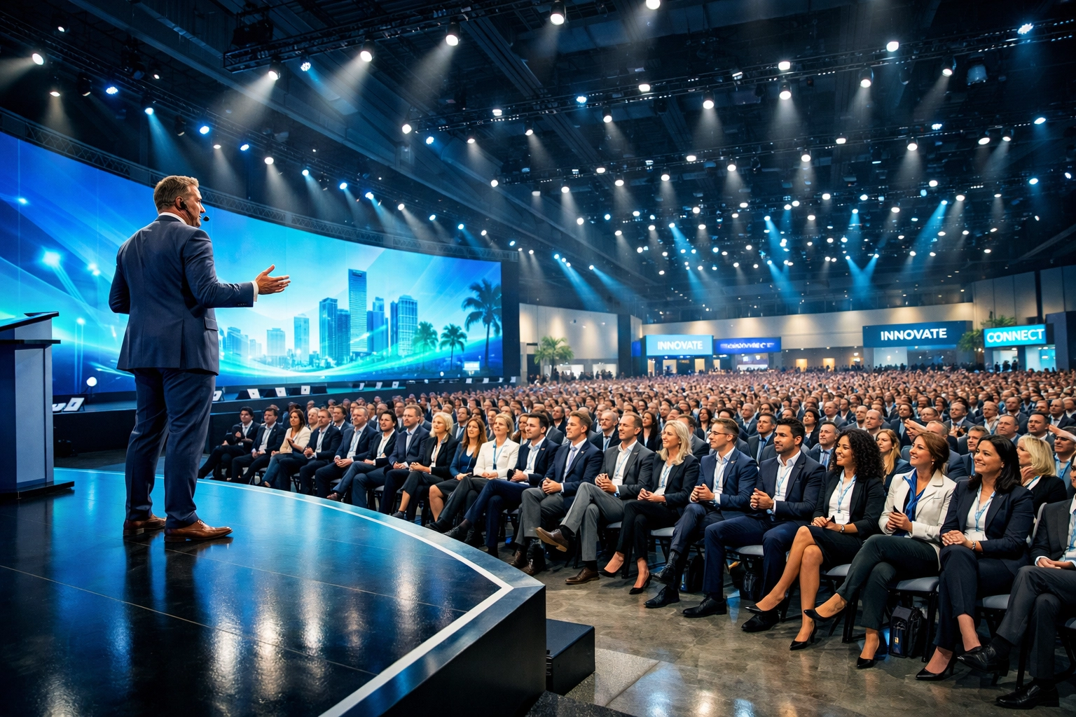 Corporate event photographer capturing a speaker at a professional Miami conference or trade show.