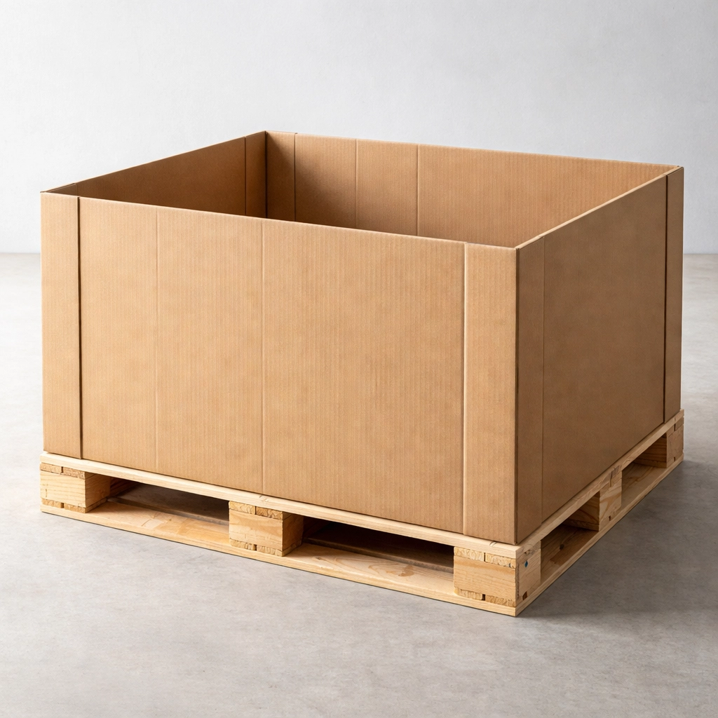 Corrugated cardboard box-on-pallet unit for bulk shipping, showing durable design for warehouse handling
