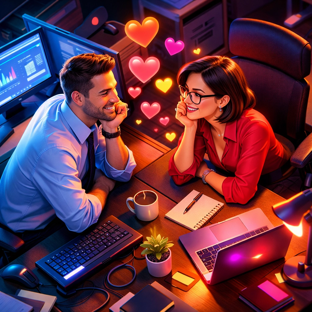 Two coworkers sharing a flirtatious moment at office desks illustrating workplace attraction