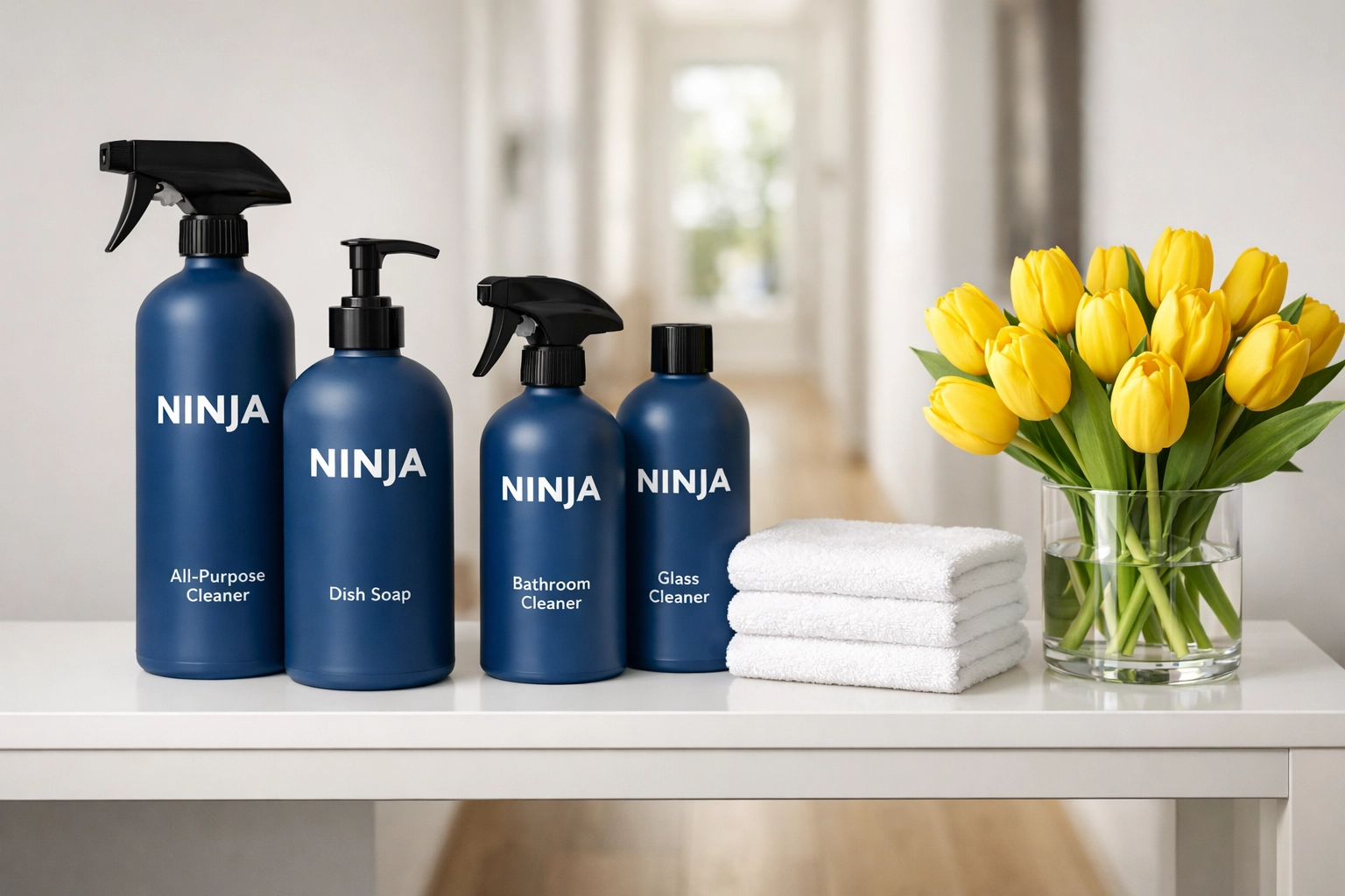 Eco-friendly house cleaning Framingham MA supplies on a console table in a beautifully staged entryway.