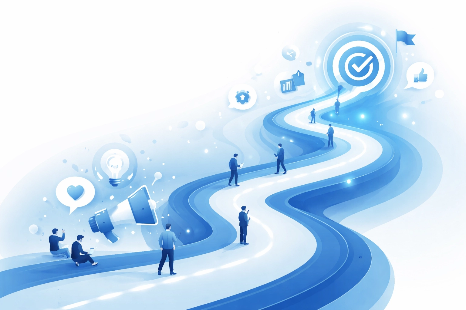 Illustration of a winding path with users towards a goal, symbolizing long-term SEO brand building