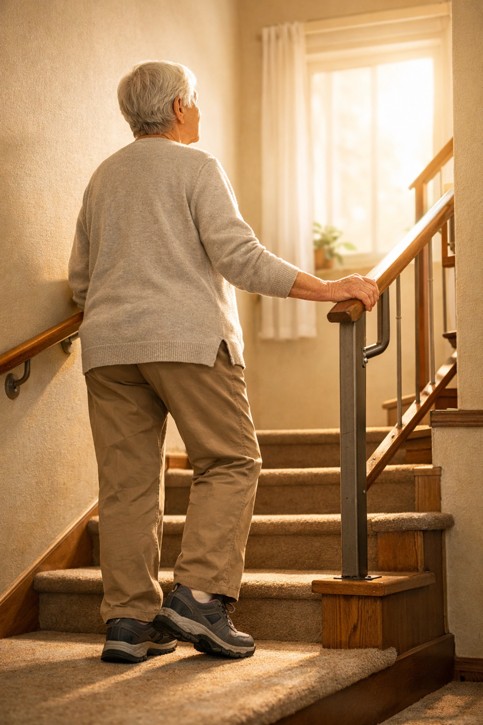 A senior safely using a handrail while wearing sturdy, non-slip shoes on a well-lit staircase landing.