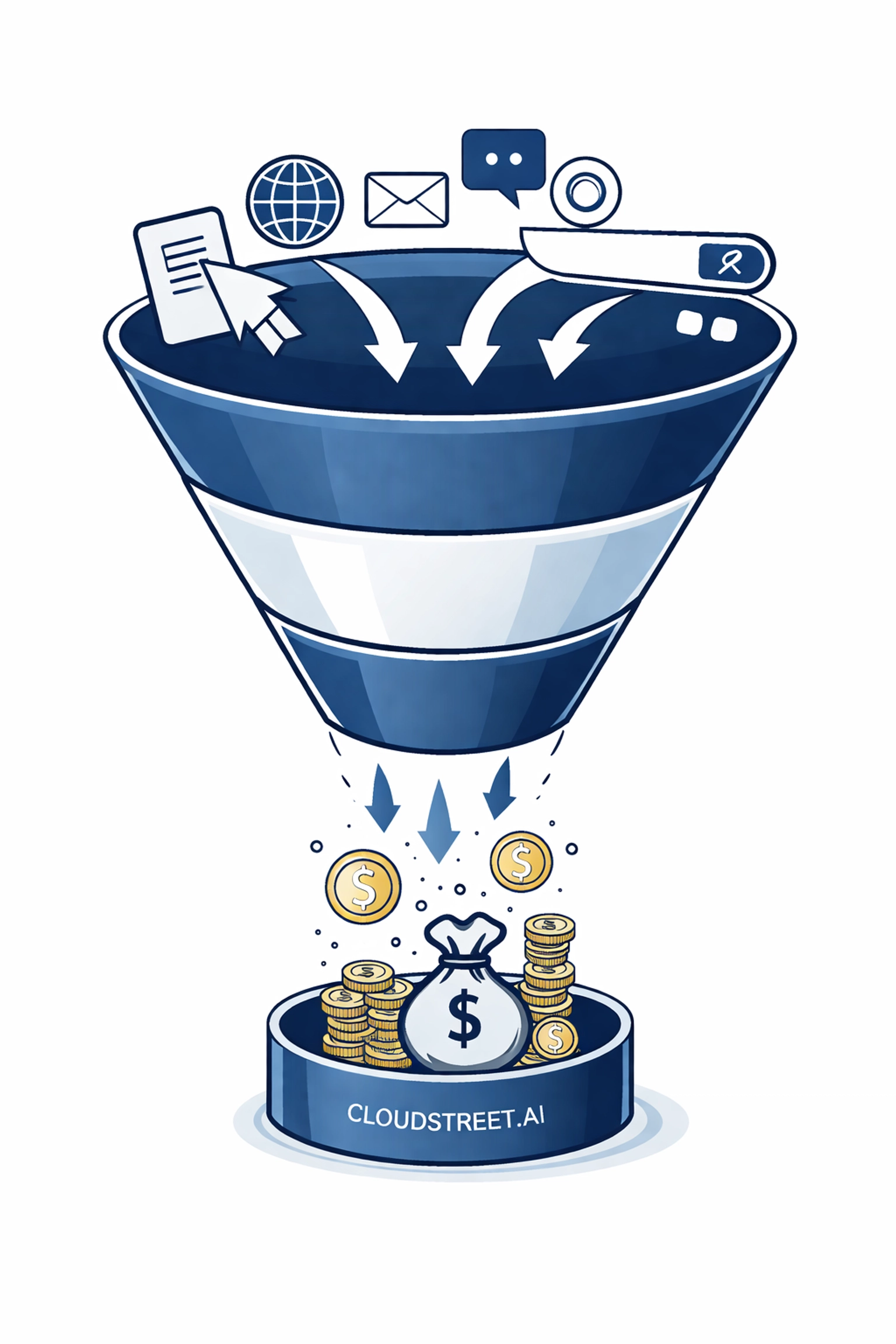 A simple sales funnel illustrates website clicks converting into revenue, emphasizing how analytics integrated with Salesforce boosts conversions.