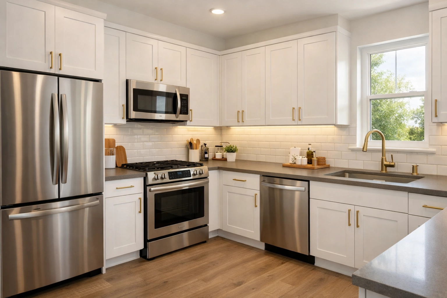Modern kitchen remodeling Orlando with white cabinets, quartz countertops and subway tile backsplash