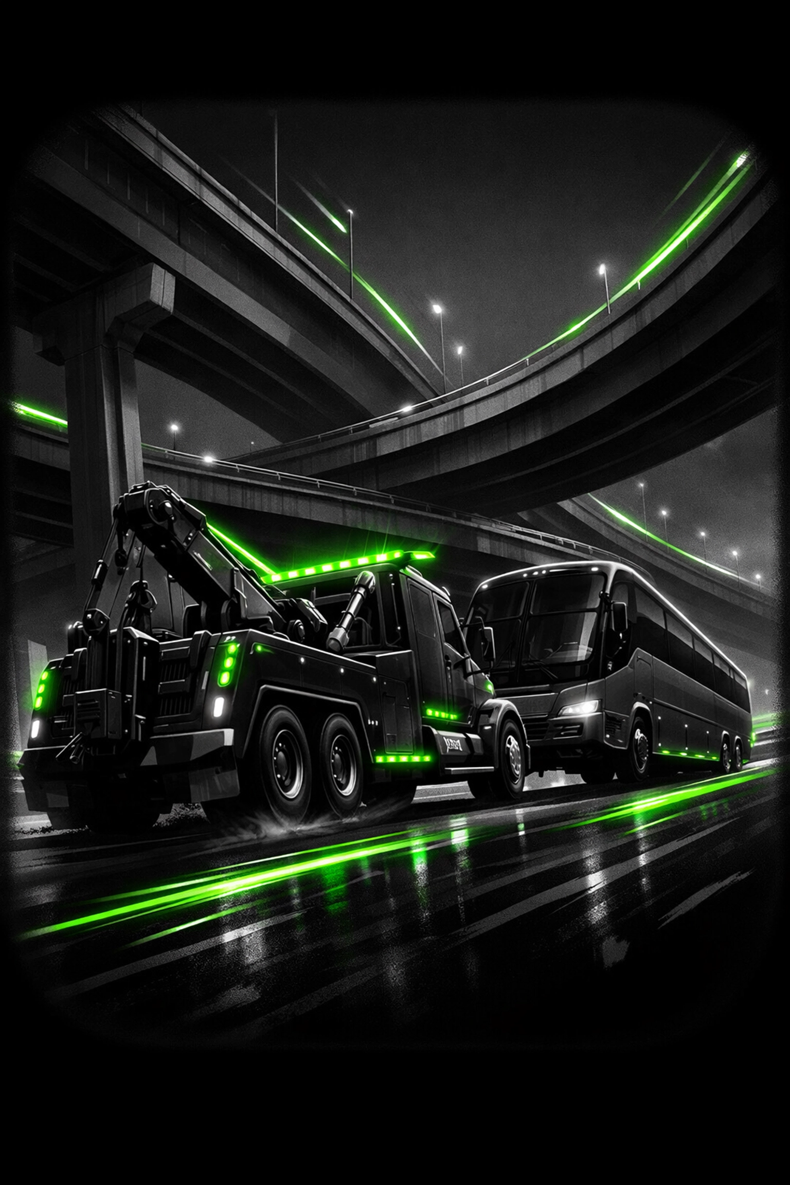 Heavy-duty tow truck transporting a disabled commercial bus through a Phoenix highway interchange.