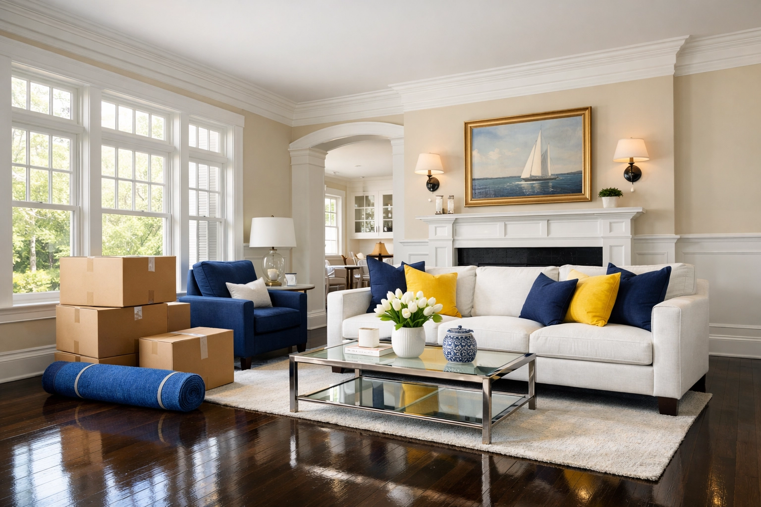 Luxury living room in Groton, MA, with polished floors after a professional move-in cleaning service.
