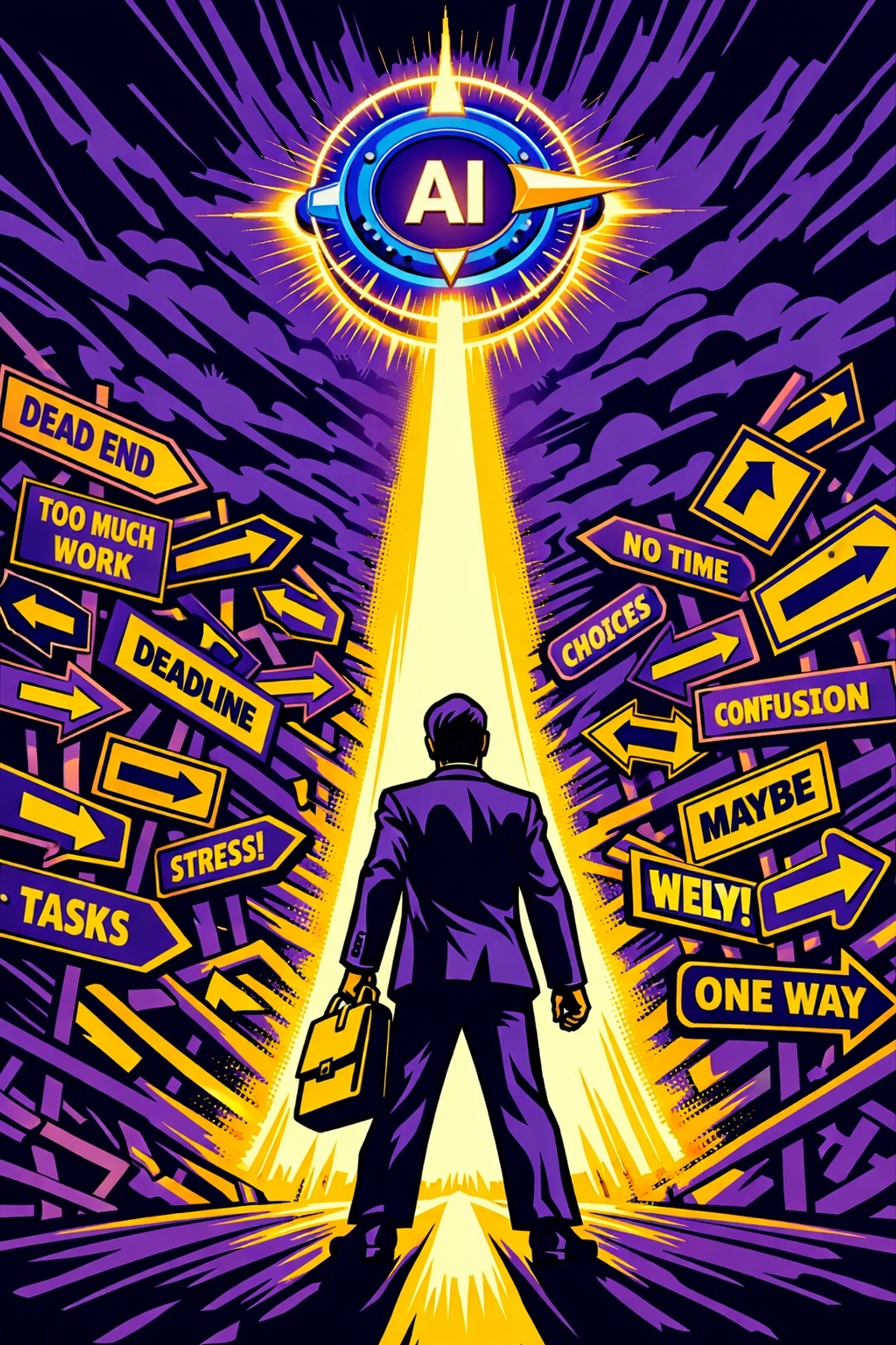 AI task prioritization guiding a business owner through a maze of complex administrative tasks.