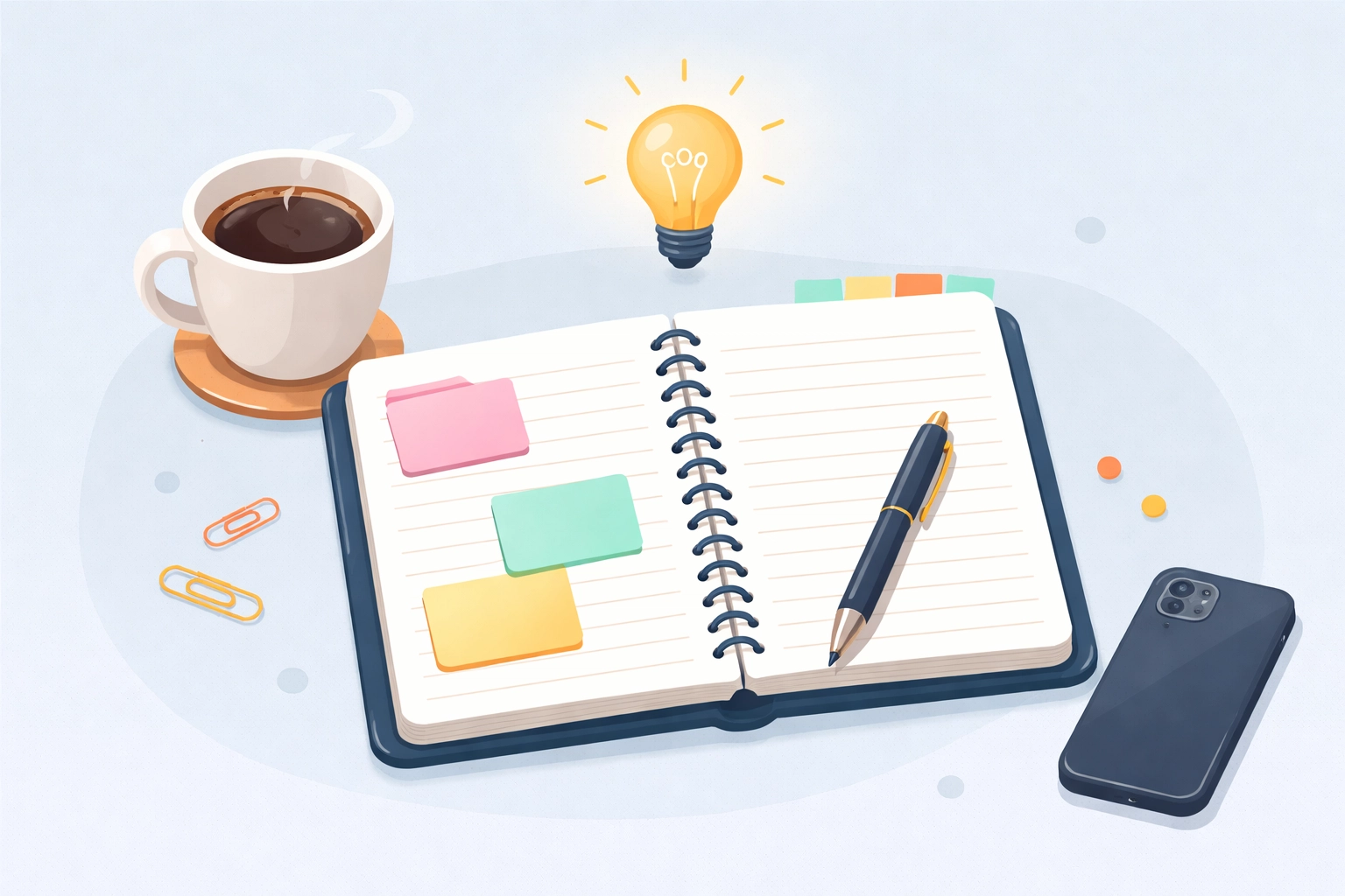 Top-down view of a small business owner's organized workspace with coffee and a notepad for productivity in Chattanooga.