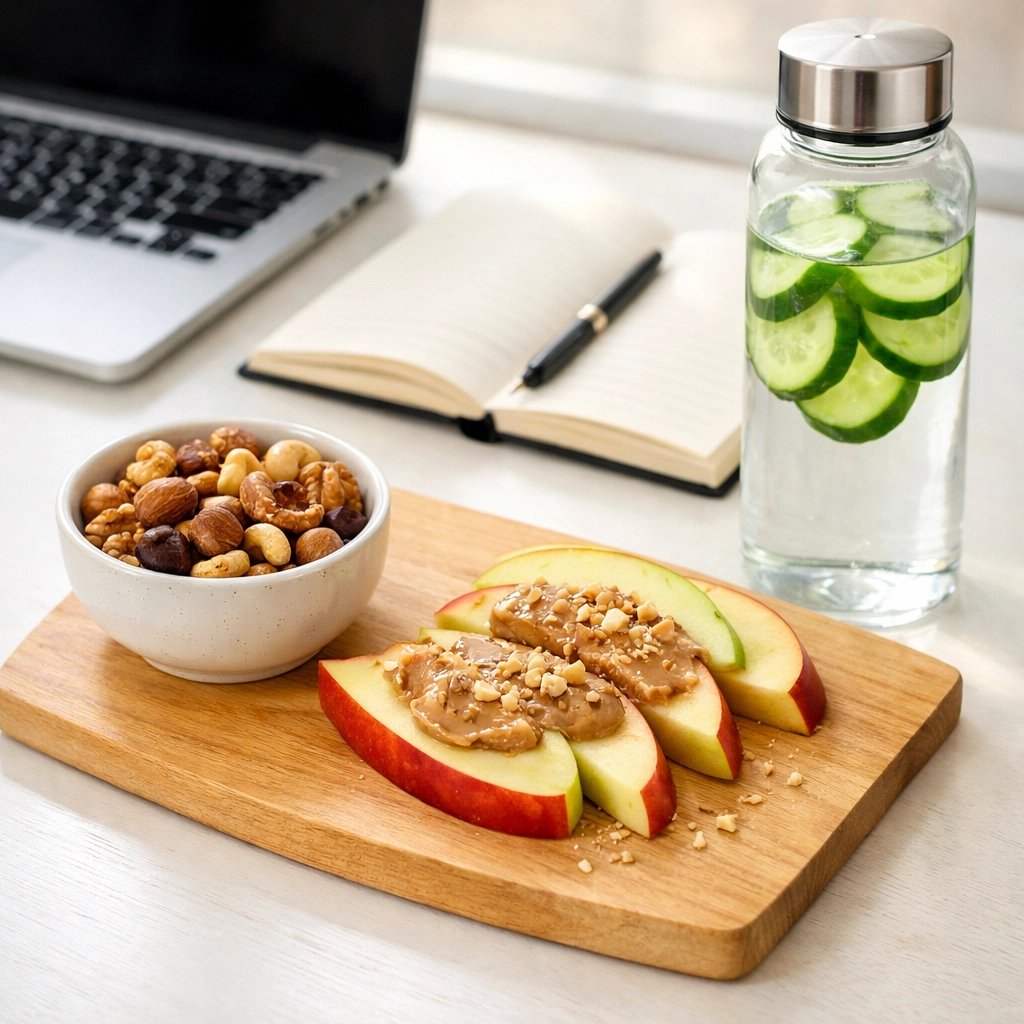 Healthy afternoon snacks and water on desk for sustained energy and focus