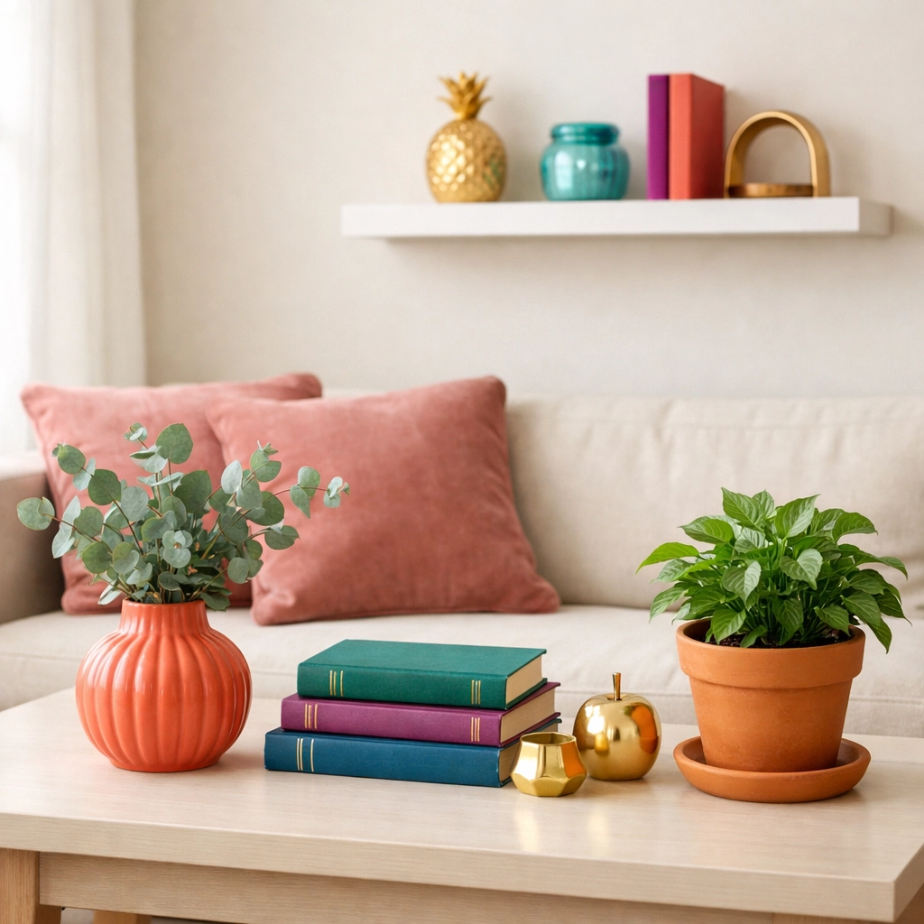 Colorful accent decor pieces including pillows, vases, and plants for small apartment styling
