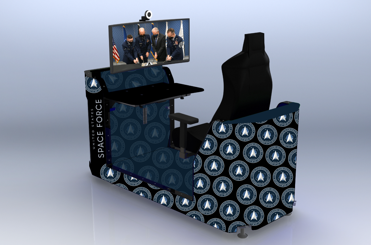 Custom esports simulation pod with U.S. Space Force branding