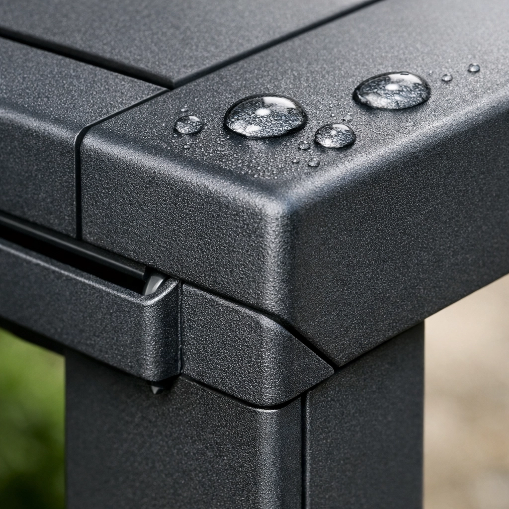 Detail einer Aluminium-Pergola mit integrierter Regenrinne für optimale Entwässerung.