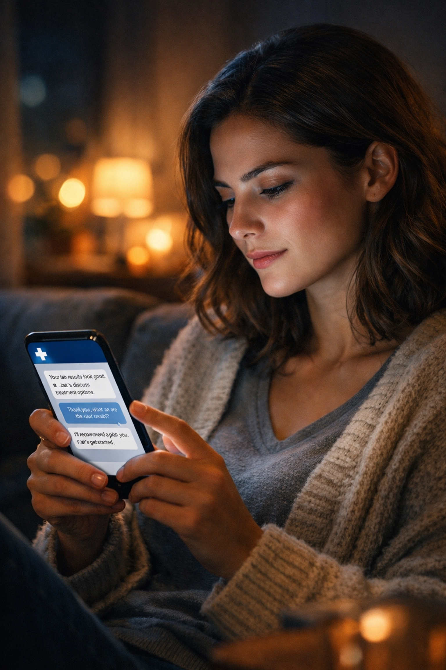Woman using secure medical messaging on a smartphone for 24/7 online urgent care consultations.