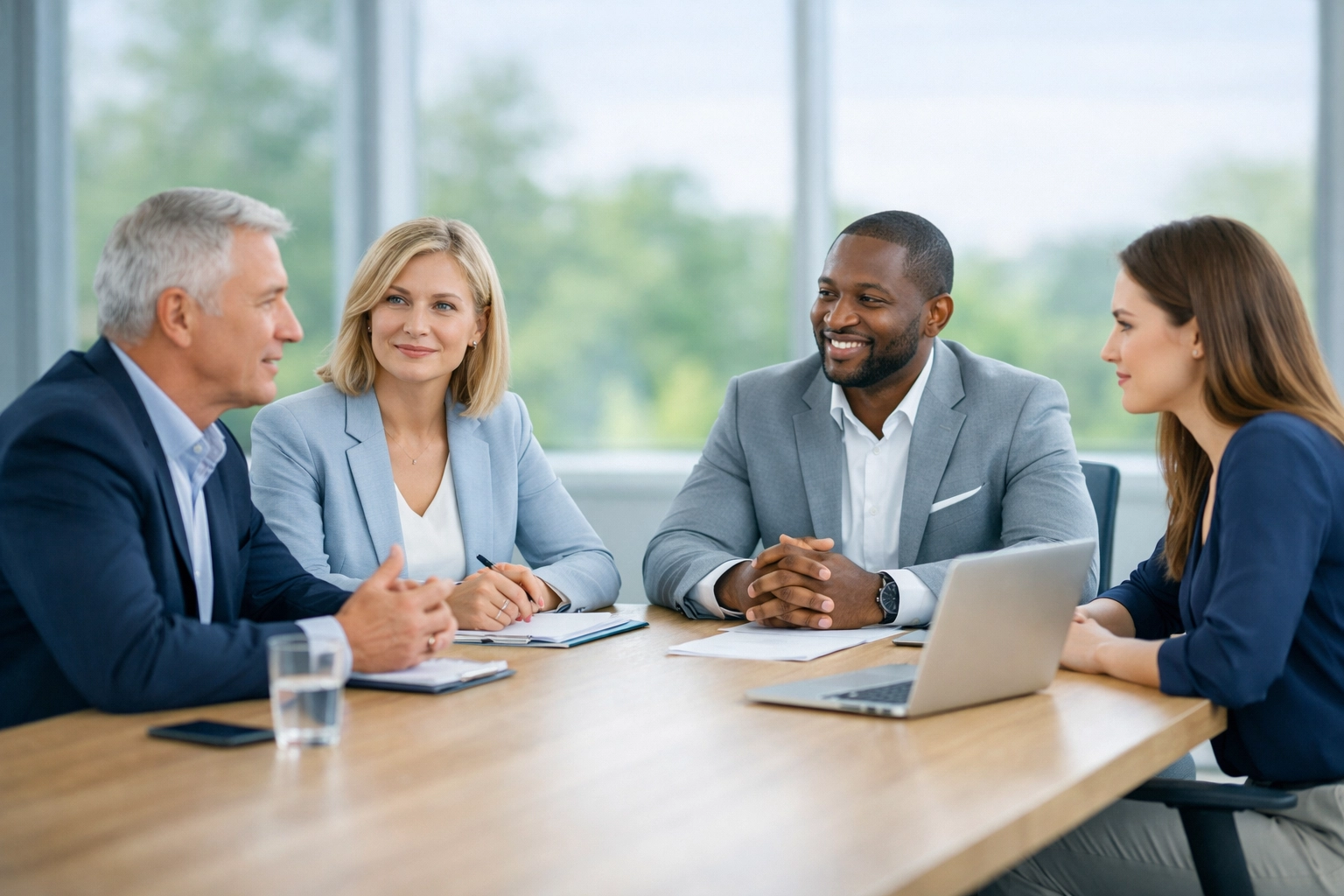 Professionals meeting in a bright office to finalize details to sell my business North Carolina securely.