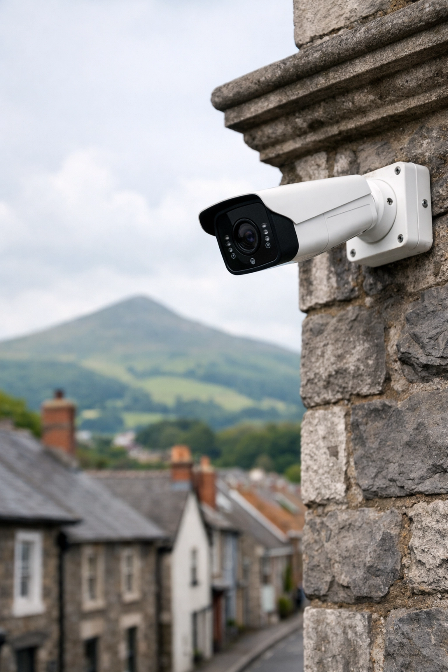 Professional security camera installation on a traditional Abergavenny stone property for home protection.