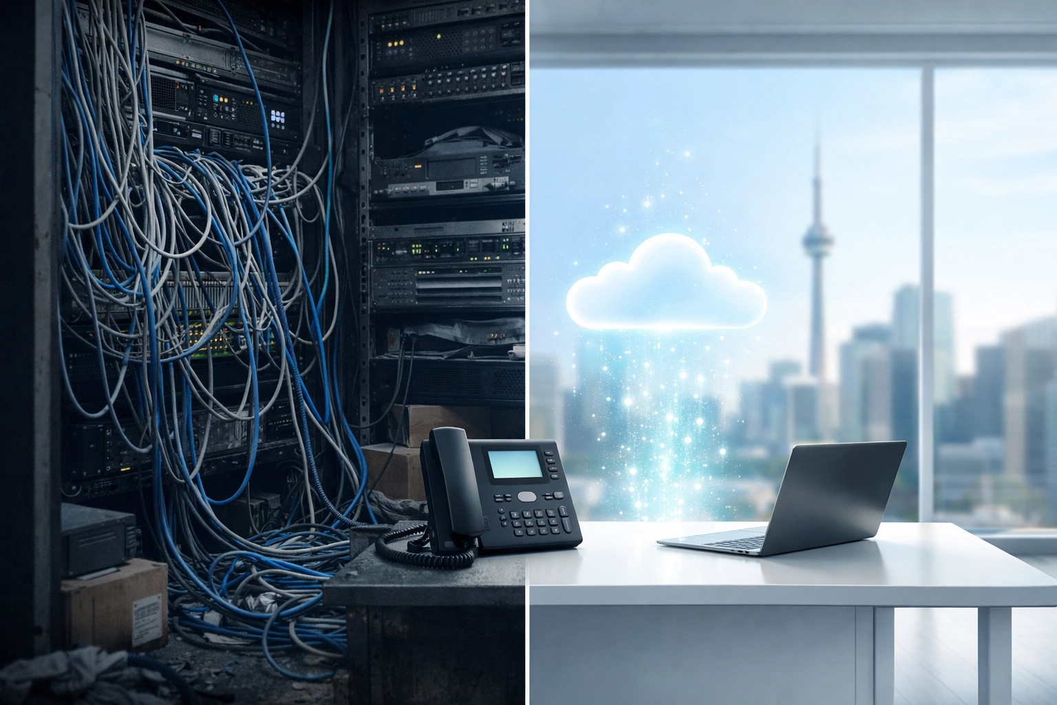 Comparing traditional on-premise hardware to a modern office utilizing scalable Cloud PBX Canada solutions.