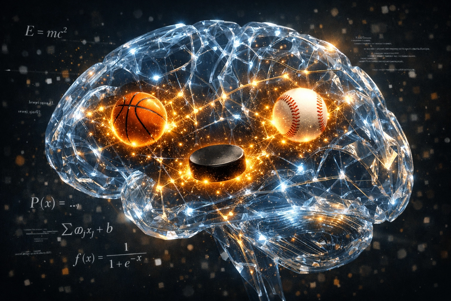 Neural network brain visualizing predictive sports betting analytics for computer sports picks.