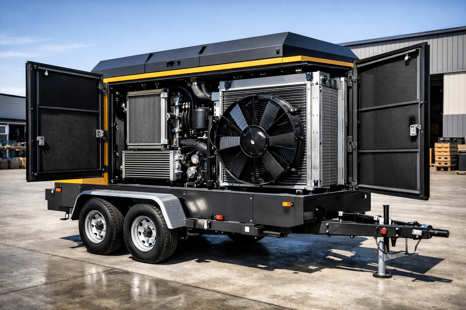 Internal cooling fins and radiator of a trailer-mounted diesel air compressor with open panels.