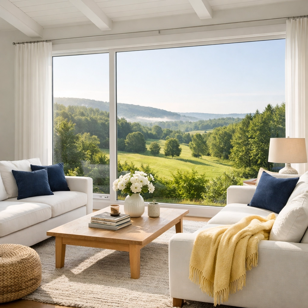 Bright Lunenburg living room with eco-friendly interior design and safe indoor air quality.