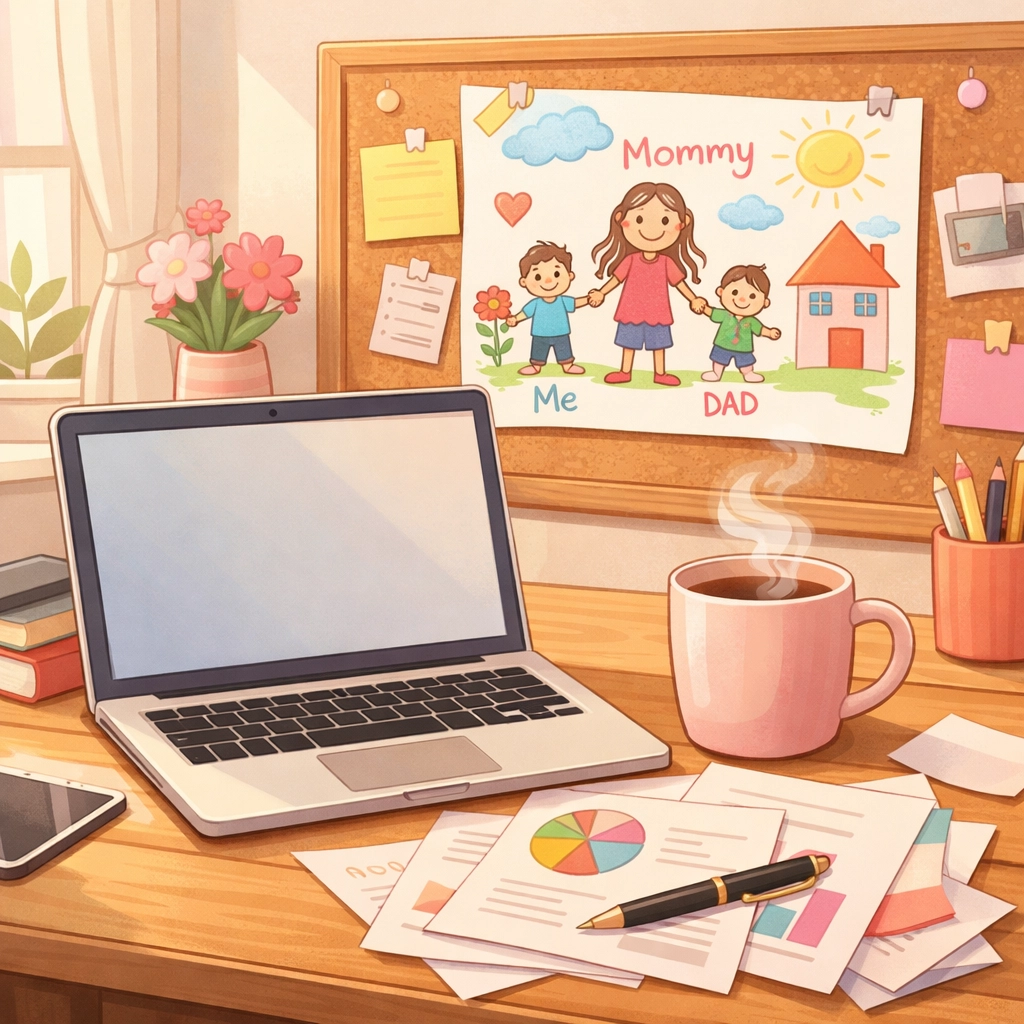 Mumpreneur home office with laptop and child's artwork showing work-life integration