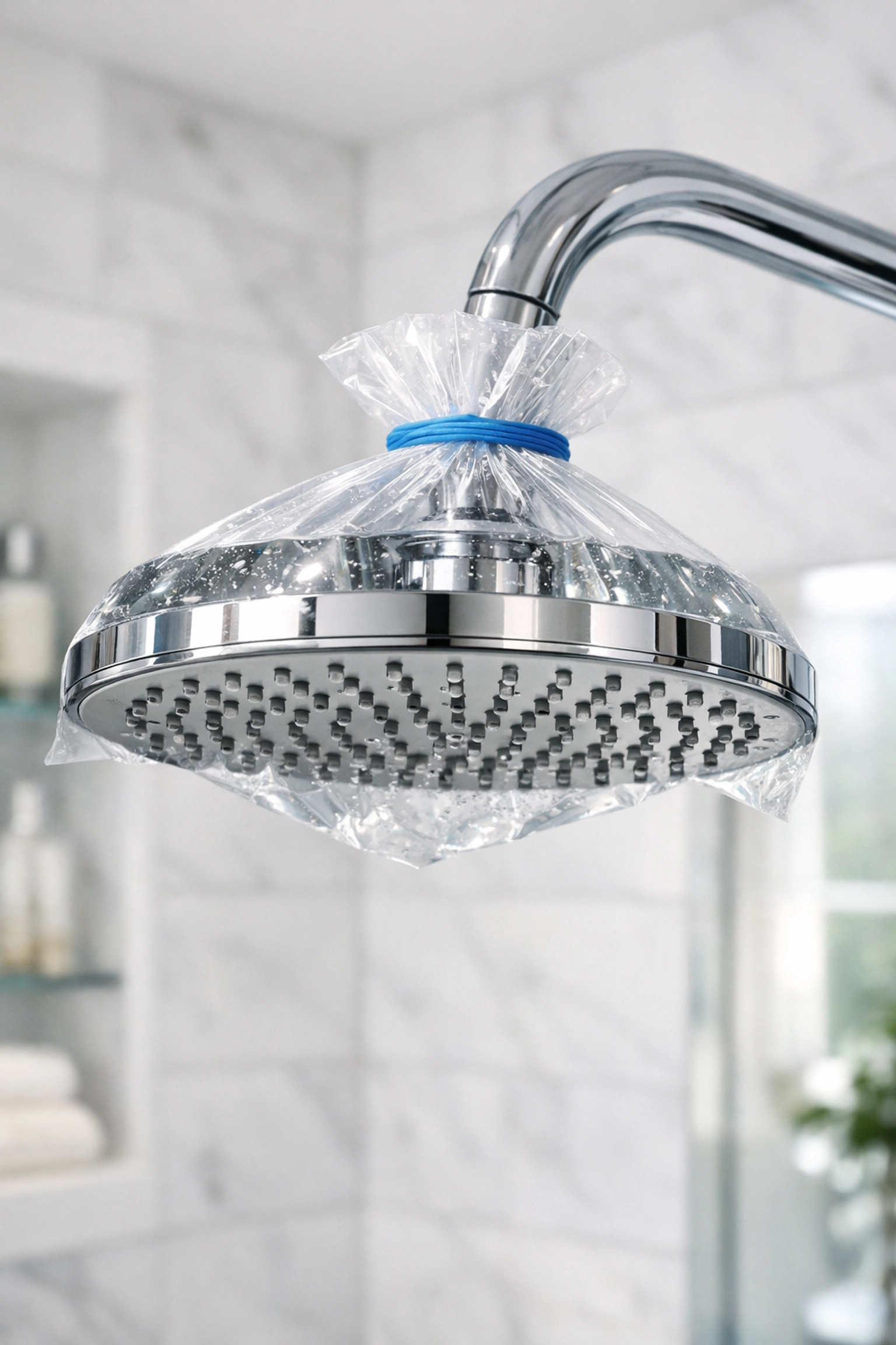 Removing buildup from a chrome shower head by soaking it in a bag of white vinegar for weekly house cleaning.