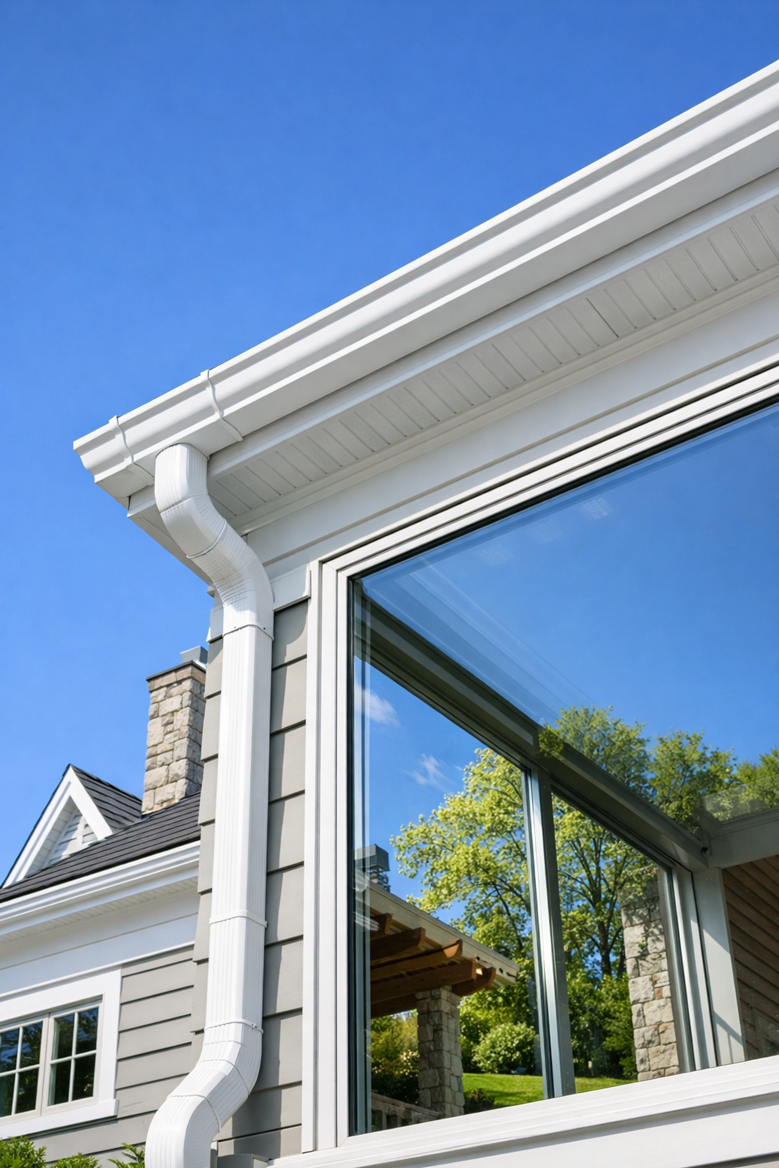 Clean windows and debris-free gutters on a luxury Westchester home to prevent water damage.