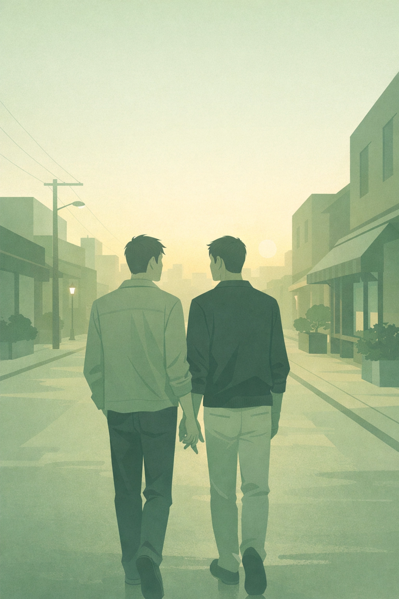 Two men walking at dawn hands almost touching representing new beginning in gay romance journey