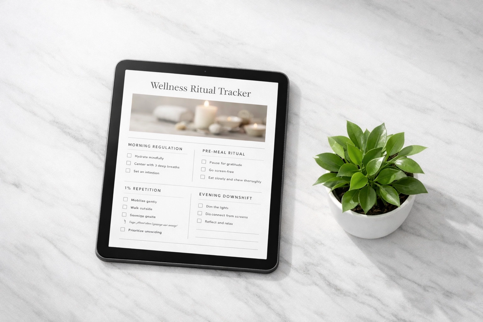 The Body Balancing Blueprint digital guide on a tablet in a minimalist luxury wellness setting.