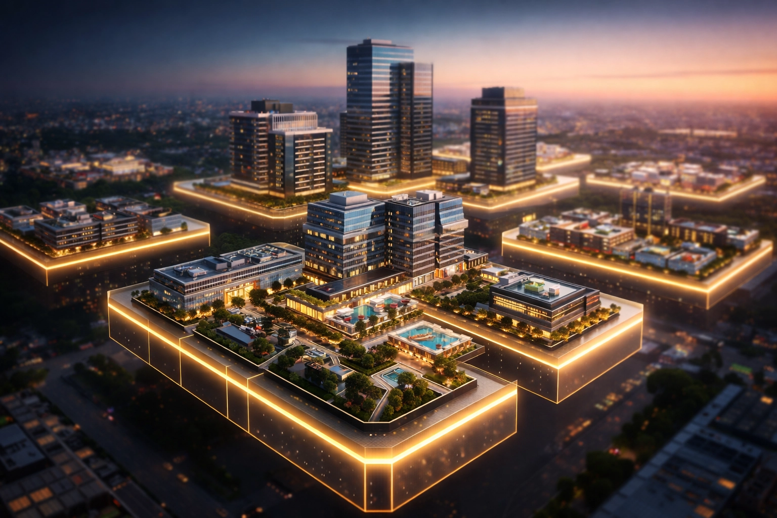 Modern real estate development split into glowing segments, illustrating tokenized property ownership and liquidity