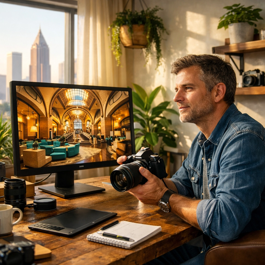 Professional photographer in an Atlanta home office reviewing an architectural photo shoot.