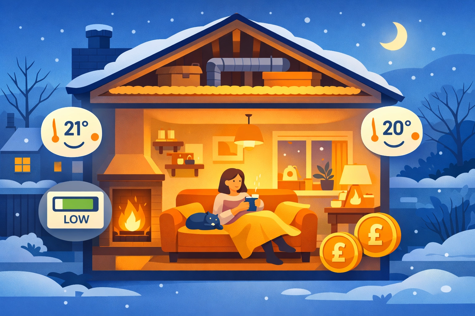 Insulated UK home retaining heat in winter reducing energy bills