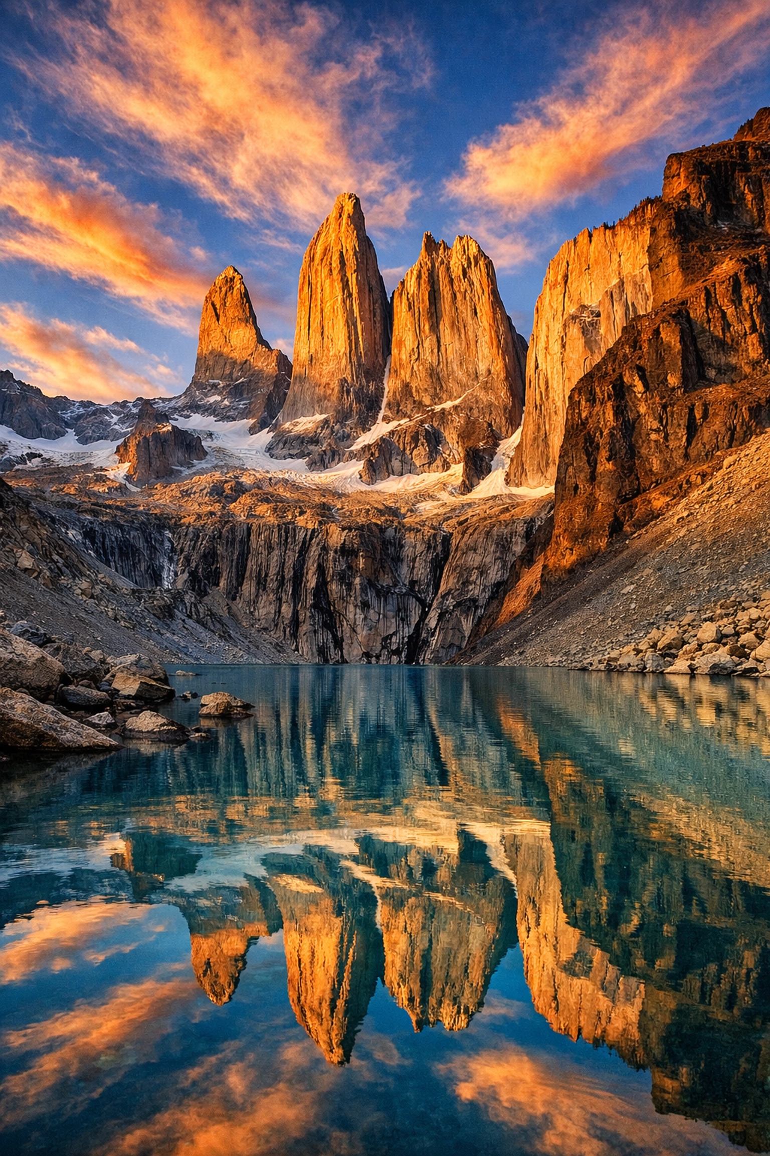 Torres del Paine granite peaks reflected in turquoise glacial lake in Patagonia