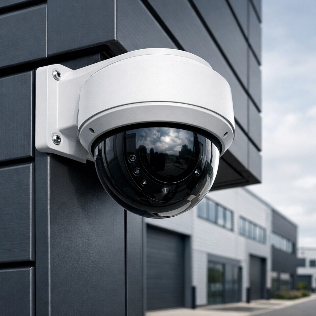 Professional IP security camera installed on a modern Newport business building for 24/7 surveillance.