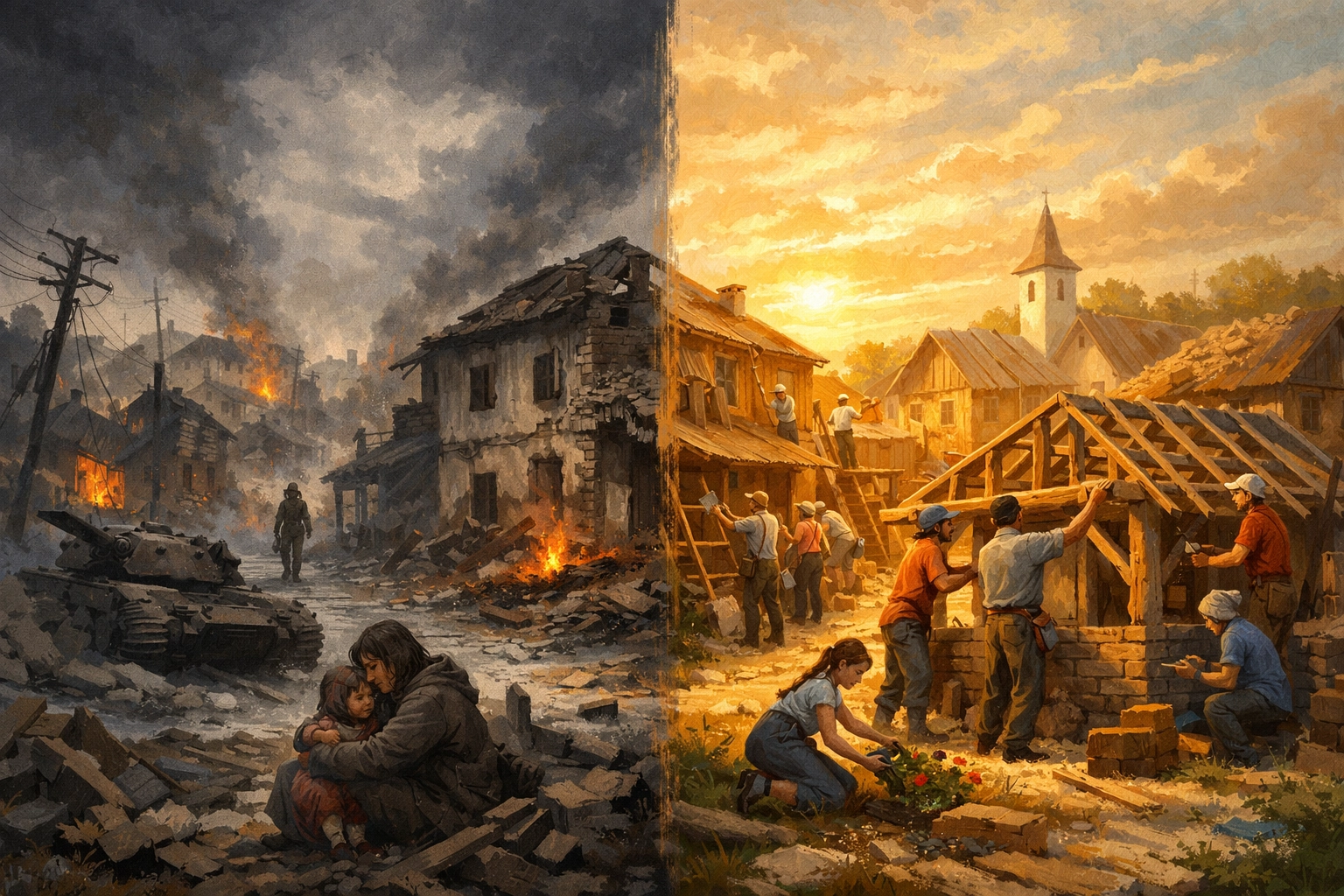 War-torn village transforming into rebuilt community showing hope amid destruction