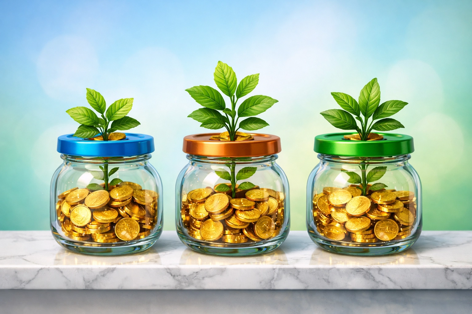 Three glass jars with coins and growing plants symbolizing diversified retirement savings accounts.