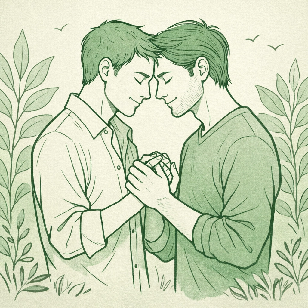 Tender hand-drawn illustration of an MM couple embracing, highlighting support and validation in asexual romance.