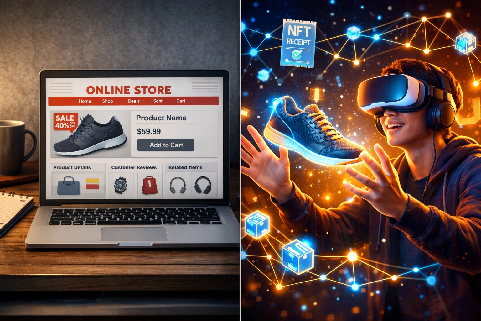 Comparison of traditional online store versus VR shopping with blockchain NFT receipts and crypto payments