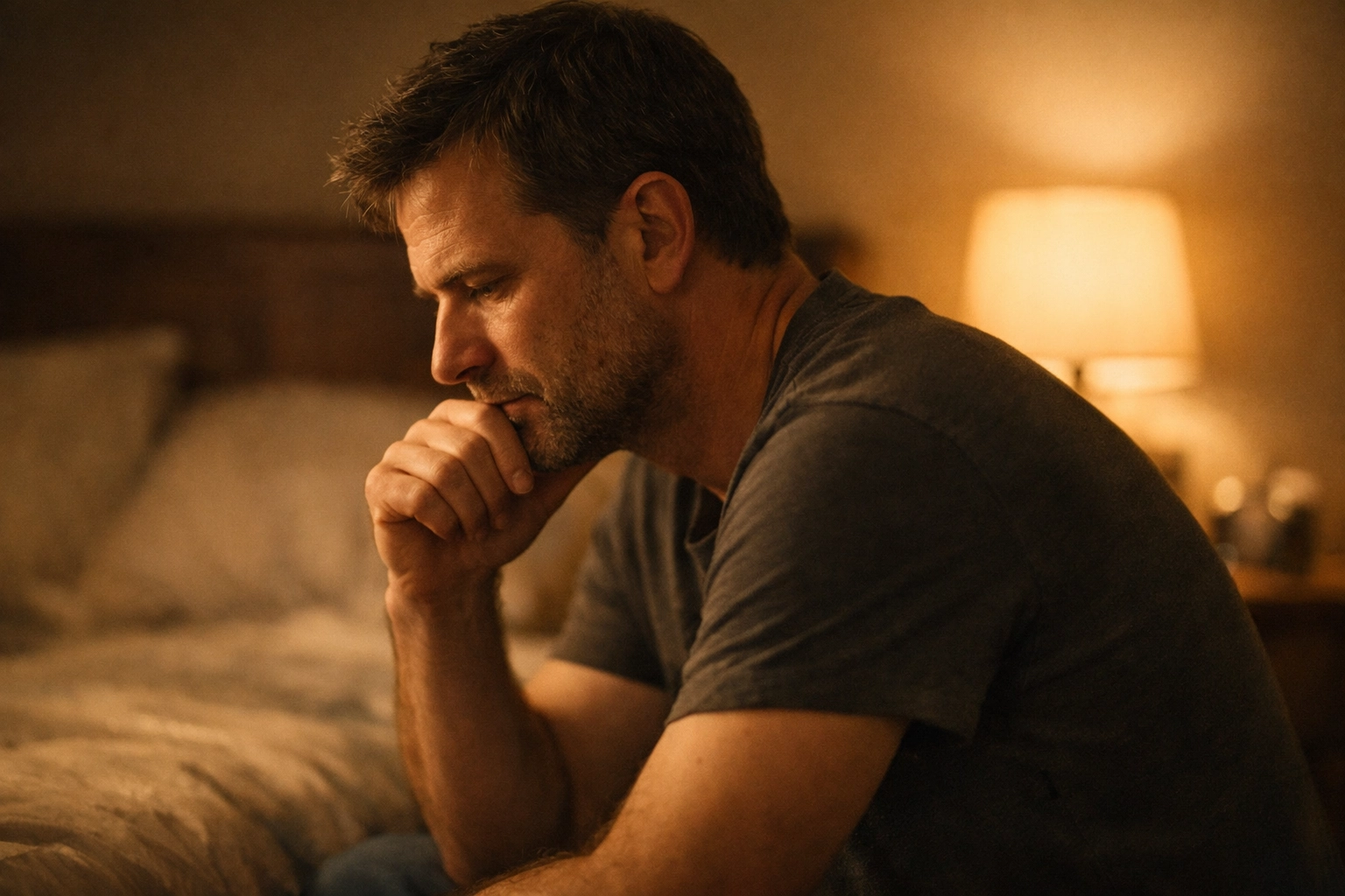 Gondterhelt férfi az ágy szélén, a merevedési zavar pszichés okain és a szorongáson gondolkodik.