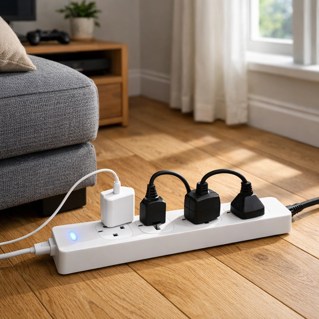 Smart power strip reducing phantom energy costs in Dorset home living room