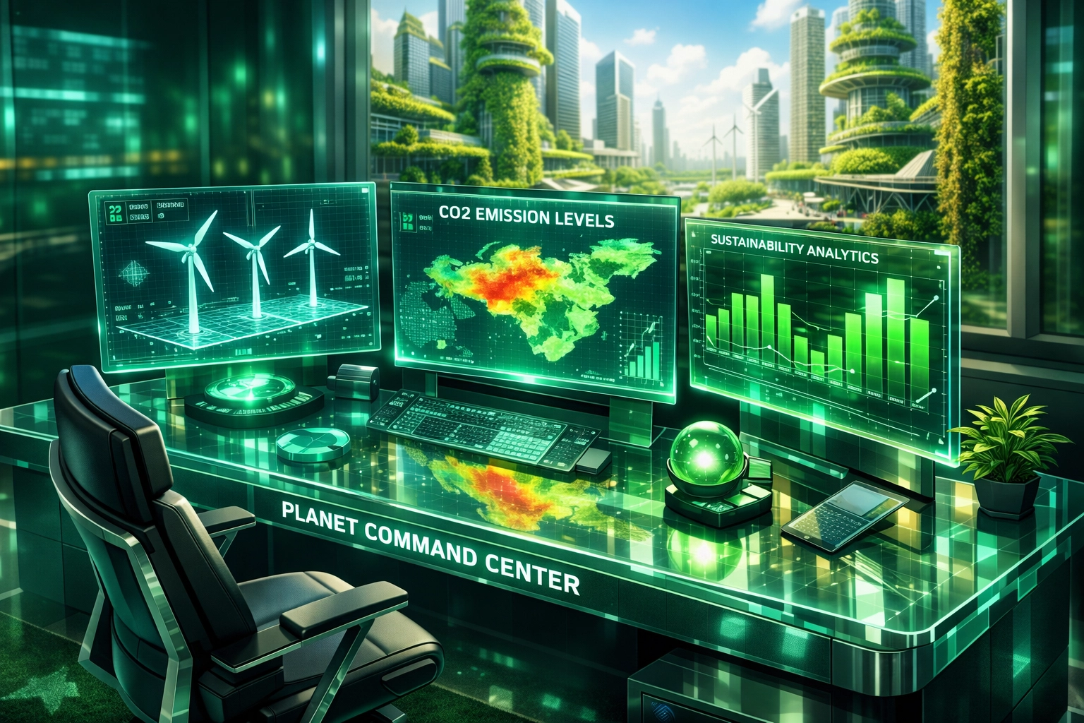 Data dashboard showing carbon footprint analytics and renewable energy metrics for a sustainability analyst.