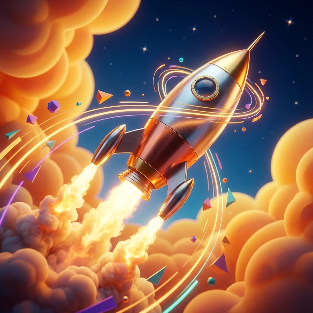 A vibrant and whimsical illustration captures a sleek rocket soaring through a fantastical sky filled with swirling clouds and colorful geometric shapes, evoking a sense of wonder and adventure.


